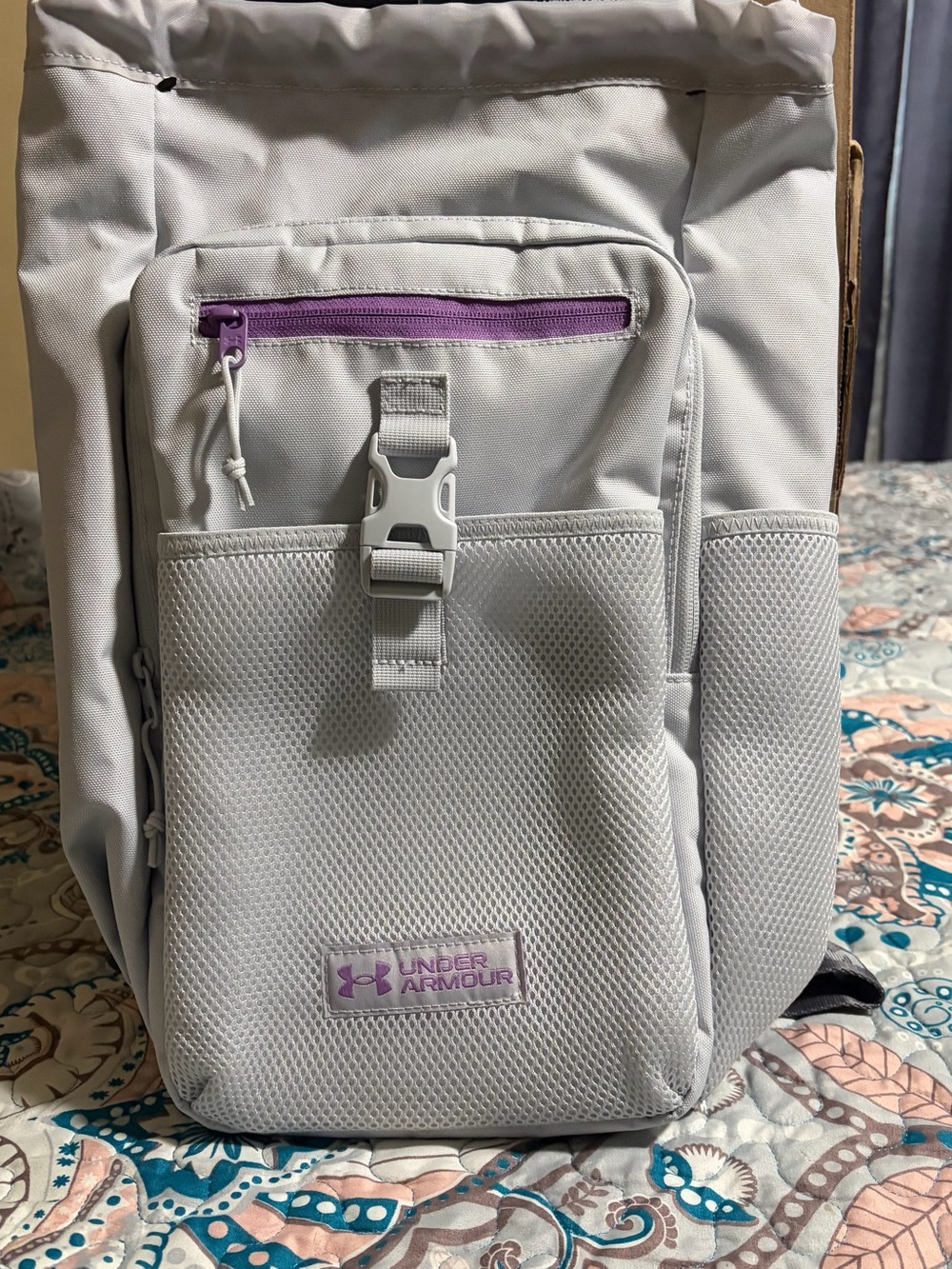 Under Armour White Backpack with Purple Zipper Accent and Front Mesh Pocket